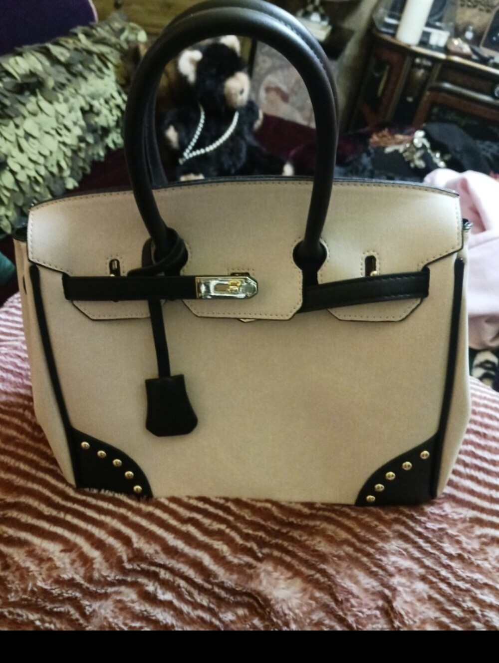 Structured Beige and Brown Top-Handle Satchel